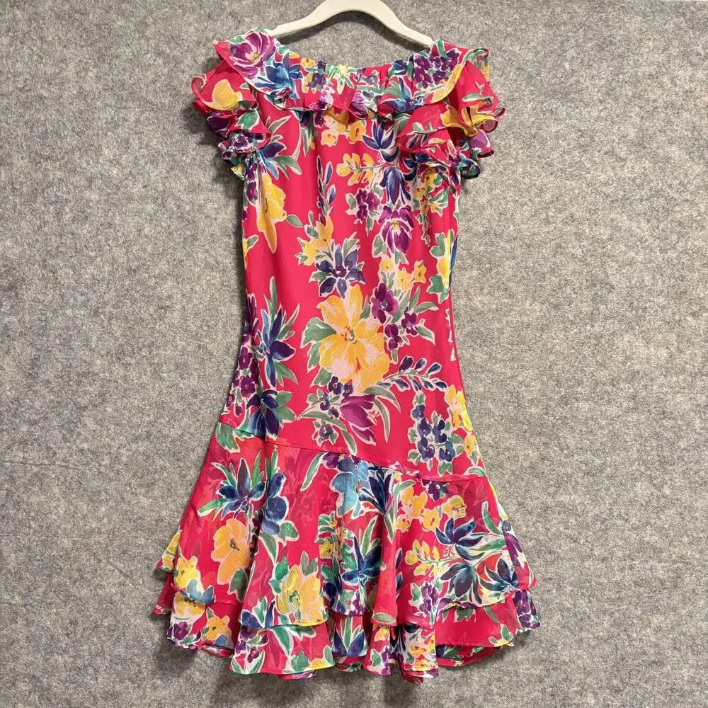 Ralph Lauren Dress Girls Size 10 Pink Floral Ruffle Flutter Sleeve Sundress